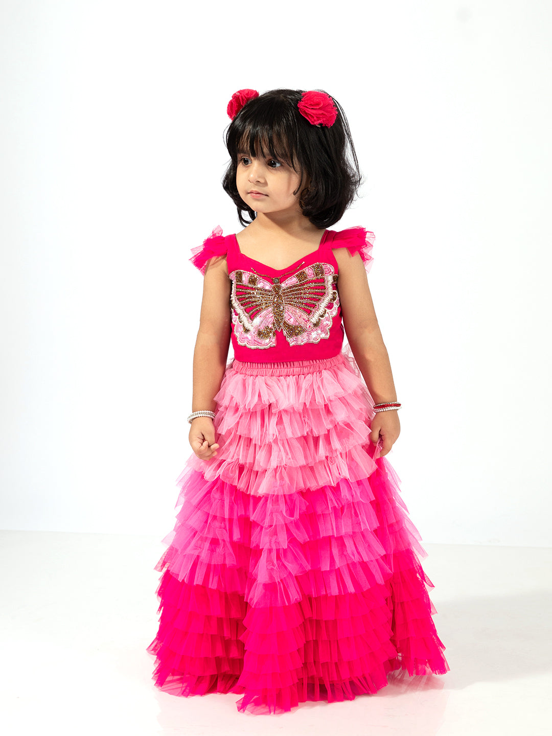 Elaisha Girls Crop Top with Butterfly Motif & Gradient Tiered Net Skirt Set - Pink & Baby Pink