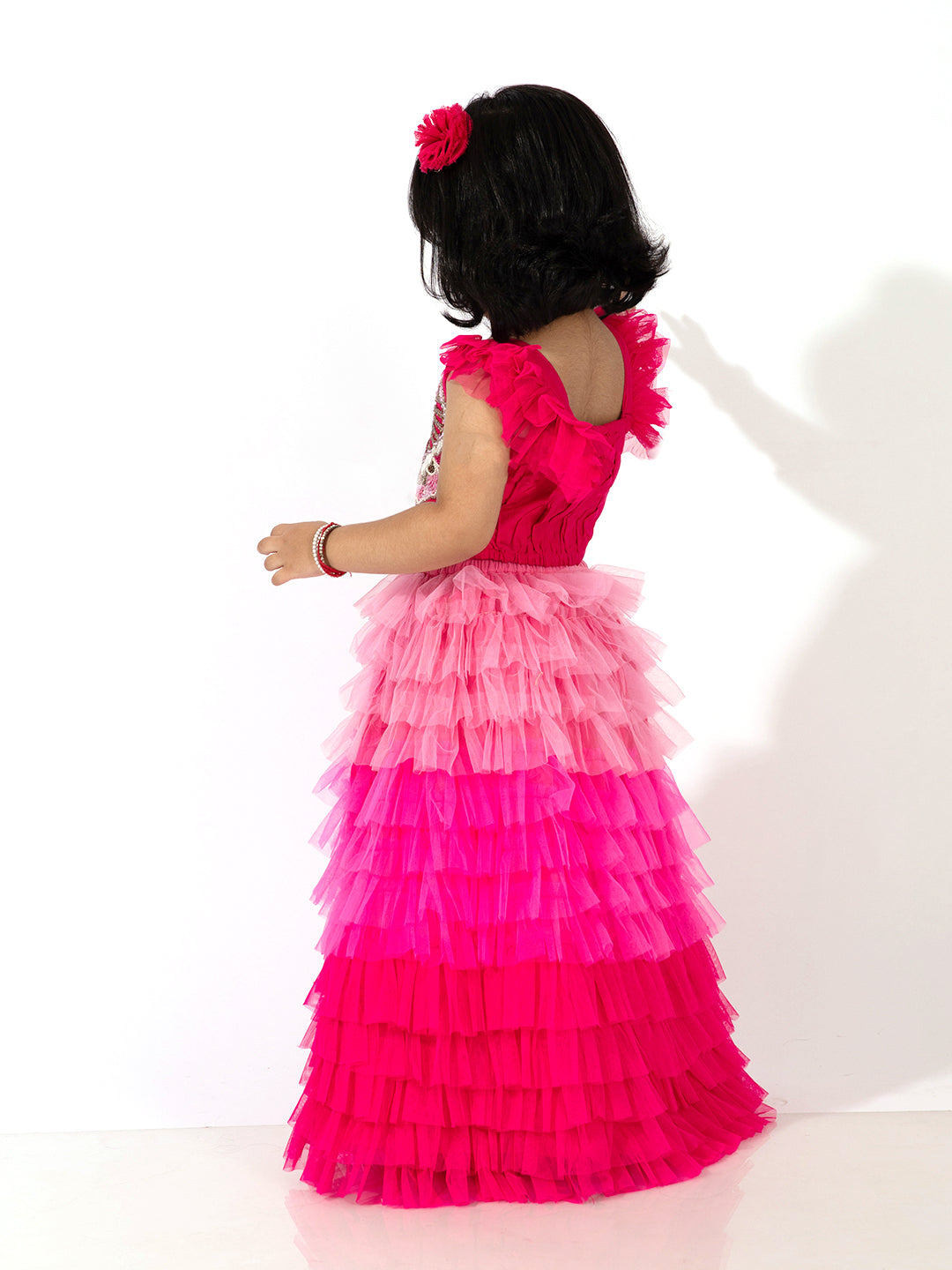 Elaisha Girls Crop Top with Butterfly Motif & Gradient Tiered Net Skirt Set - Pink & Baby Pink