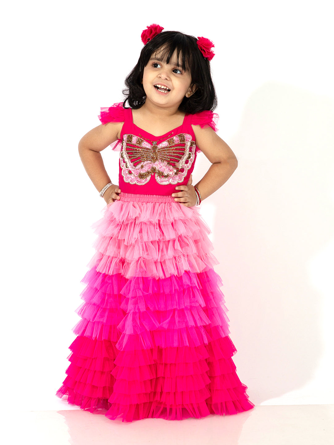 Elaisha Girls Crop Top with Butterfly Motif & Gradient Tiered Net Skirt Set - Pink & Baby Pink