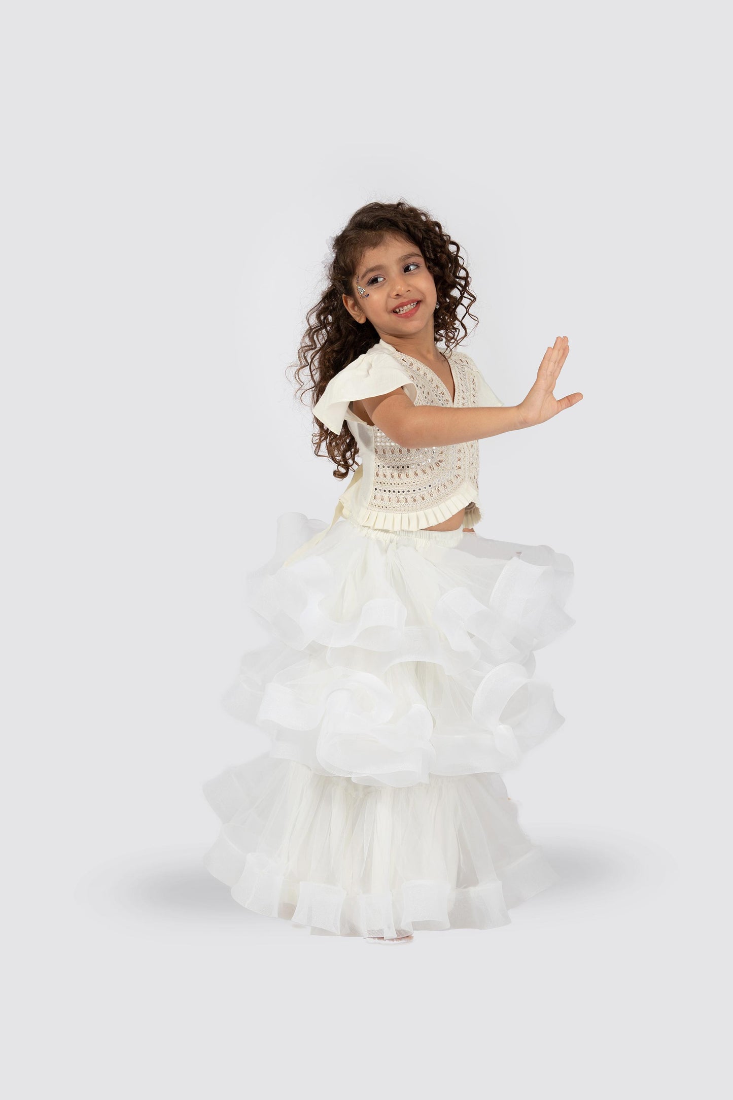 Elaisha Flutter Sleeves Mirror Worked & Ruffle Detailed Top With Skirt Set - Off White