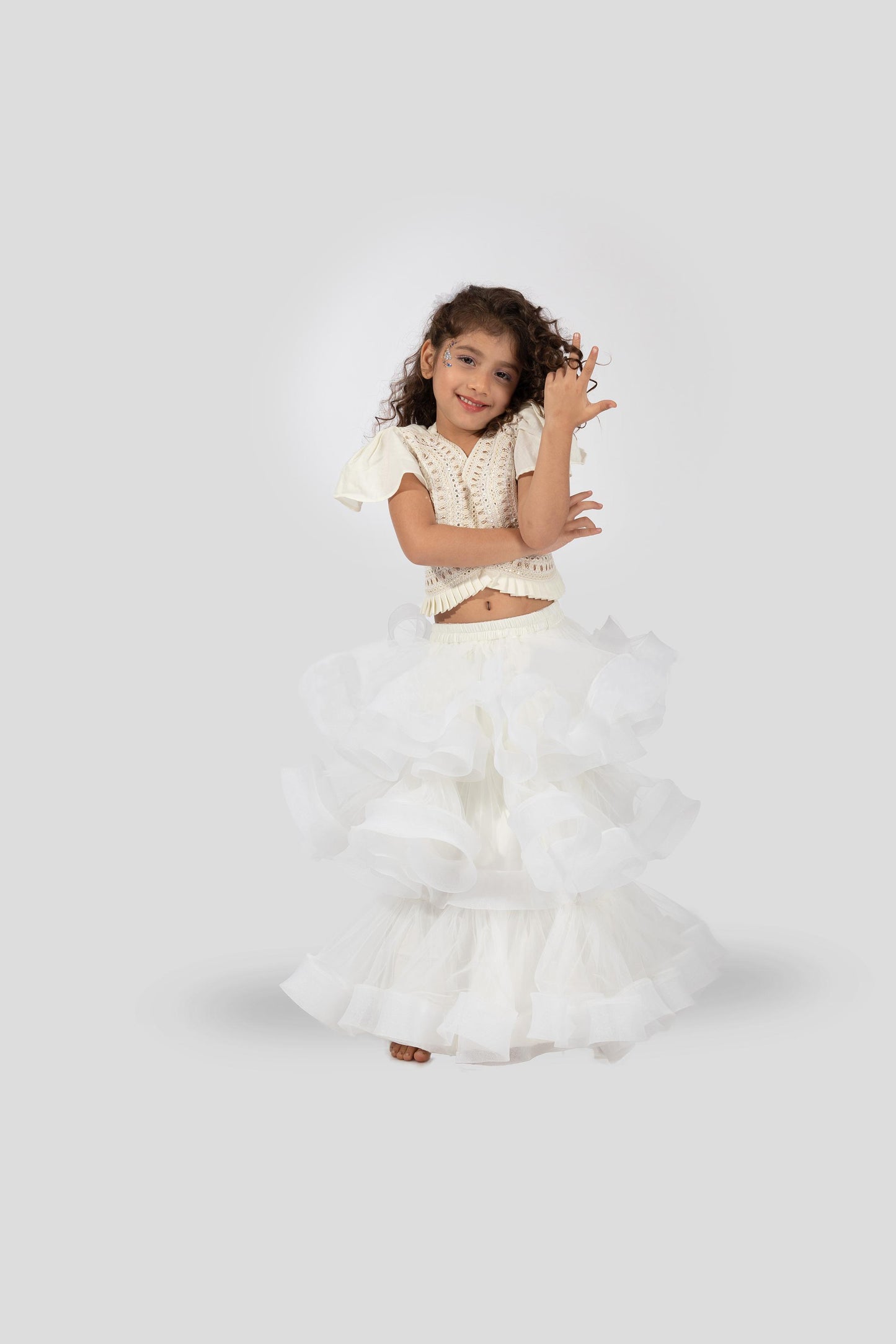 Elaisha Flutter Sleeves Mirror Worked & Ruffle Detailed Top With Skirt Set - Off White