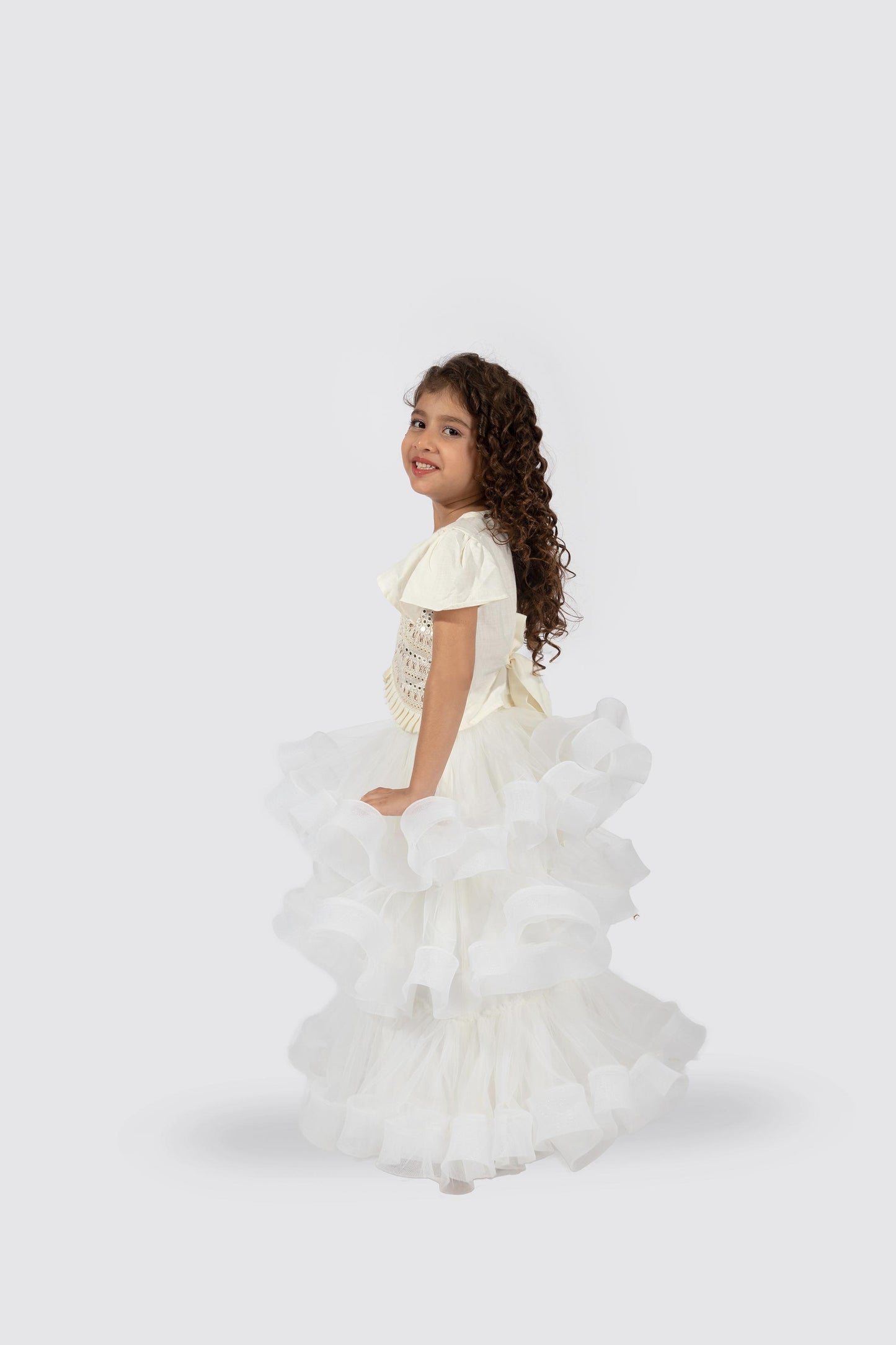 Elaisha Flutter Sleeves Mirror Worked & Ruffle Detailed Top With Skirt Set - Off White