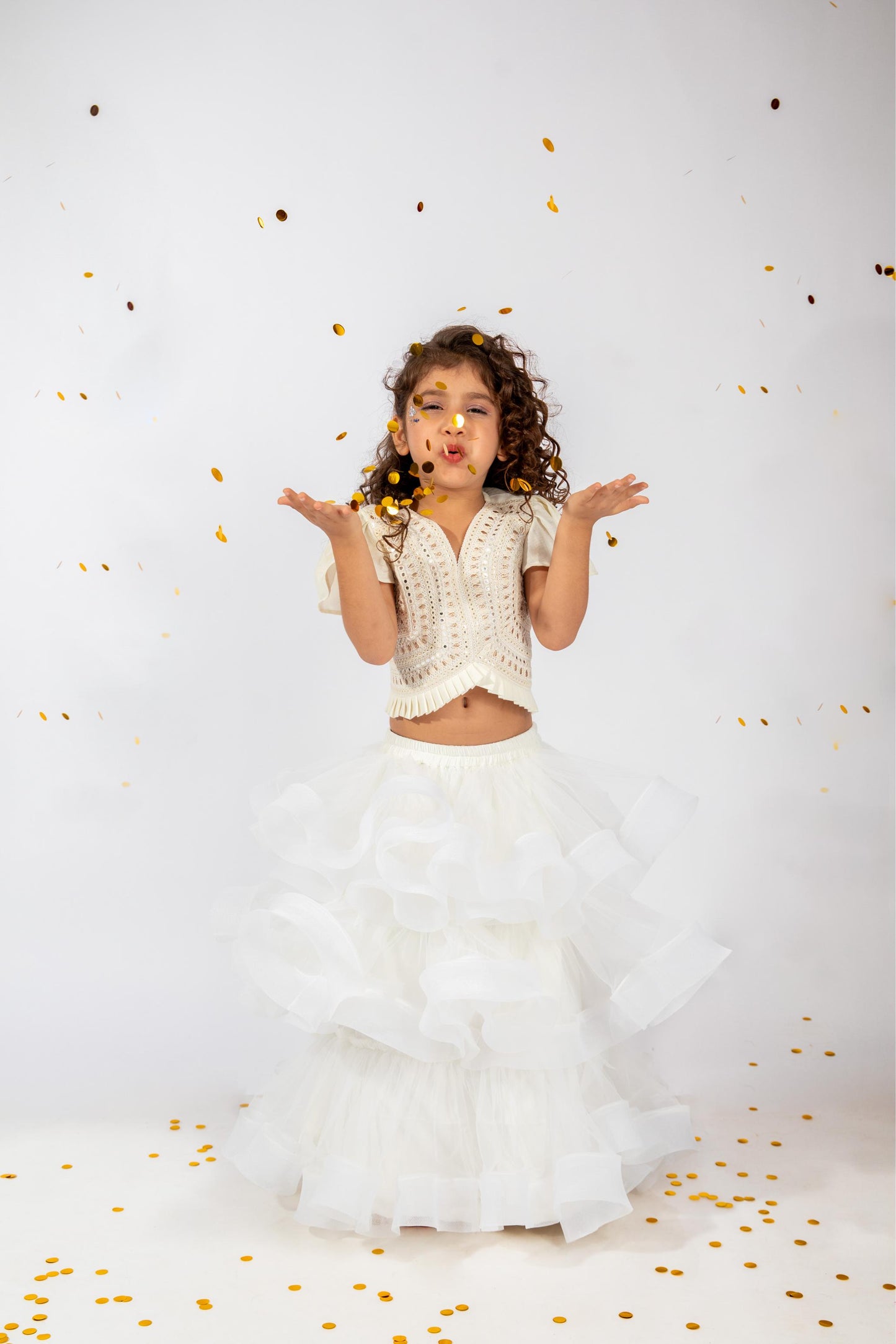 Elaisha Flutter Sleeves Mirror Worked & Ruffle Detailed Top With Skirt Set - Off White