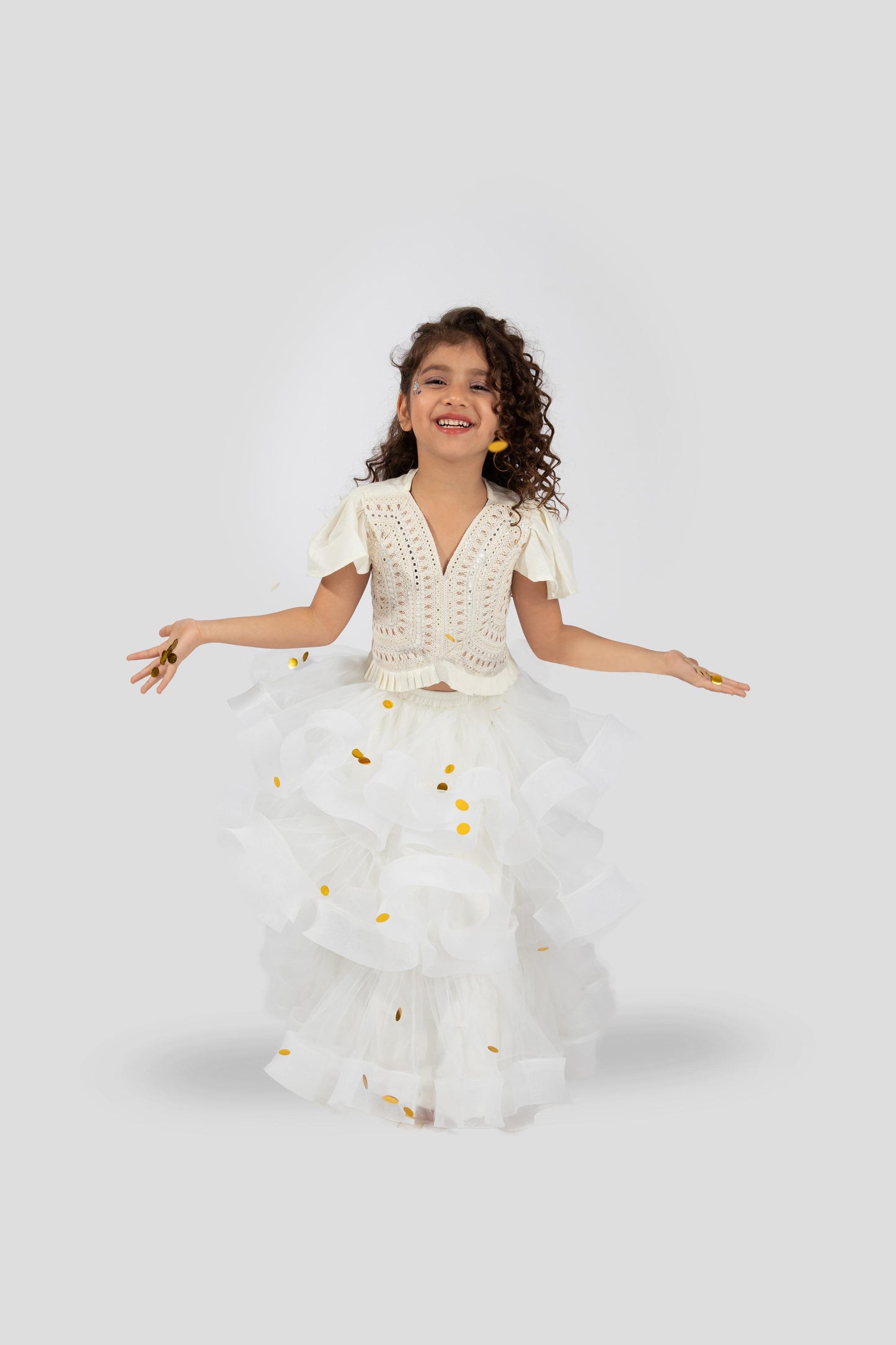 Elaisha Flutter Sleeves Mirror Worked & Ruffle Detailed Top With Skirt Set - Off White