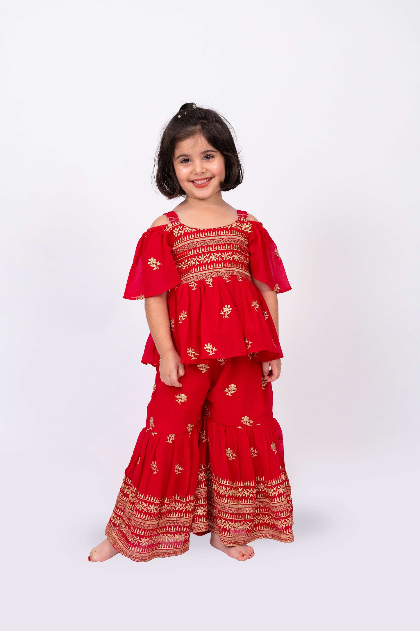 Elaisha Girls Embroidered Cold-Shoulder Peplum Top & Sharara Pants Co-ord Set - Red