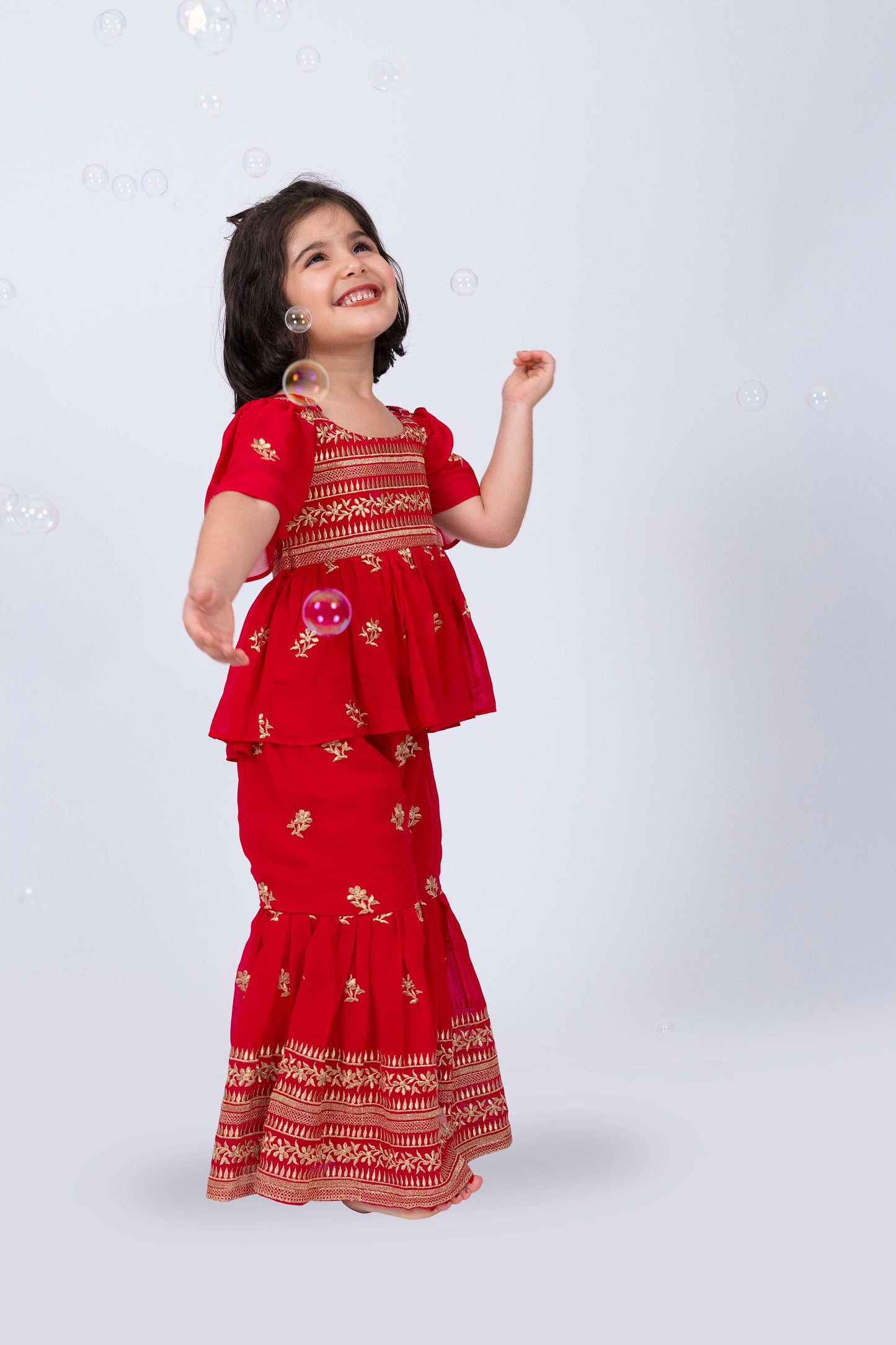 Elaisha Girls Embroidered Cold-Shoulder Peplum Top & Sharara Pants Co-ord Set - Red
