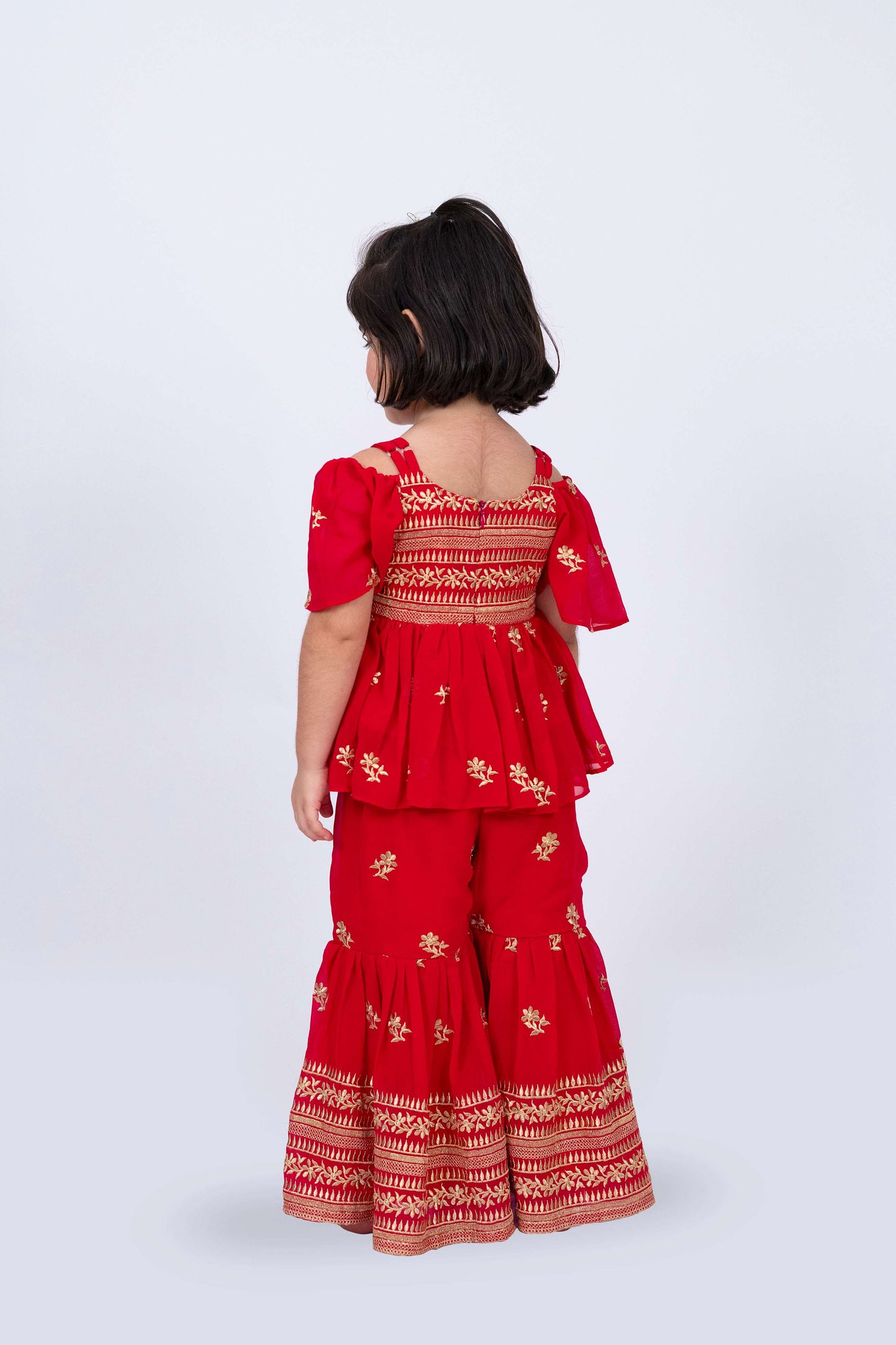 Elaisha Girls Embroidered Cold-Shoulder Peplum Top & Sharara Pants Co-ord Set - Red