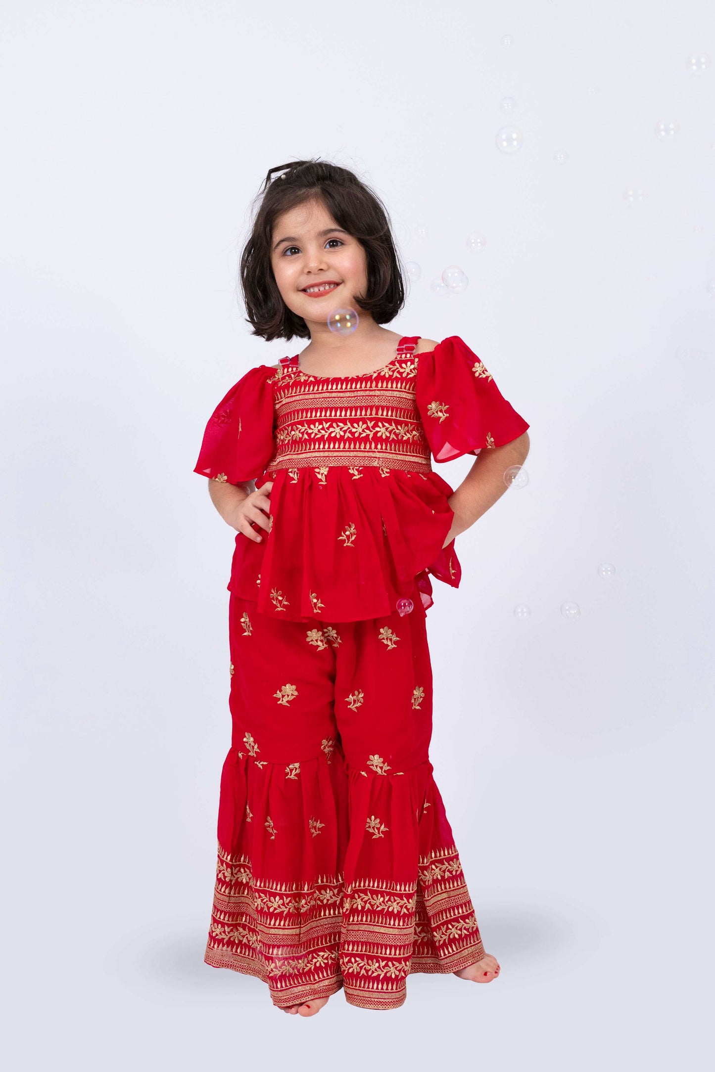 Elaisha Girls Embroidered Cold-Shoulder Peplum Top & Sharara Pants Co-ord Set - Red