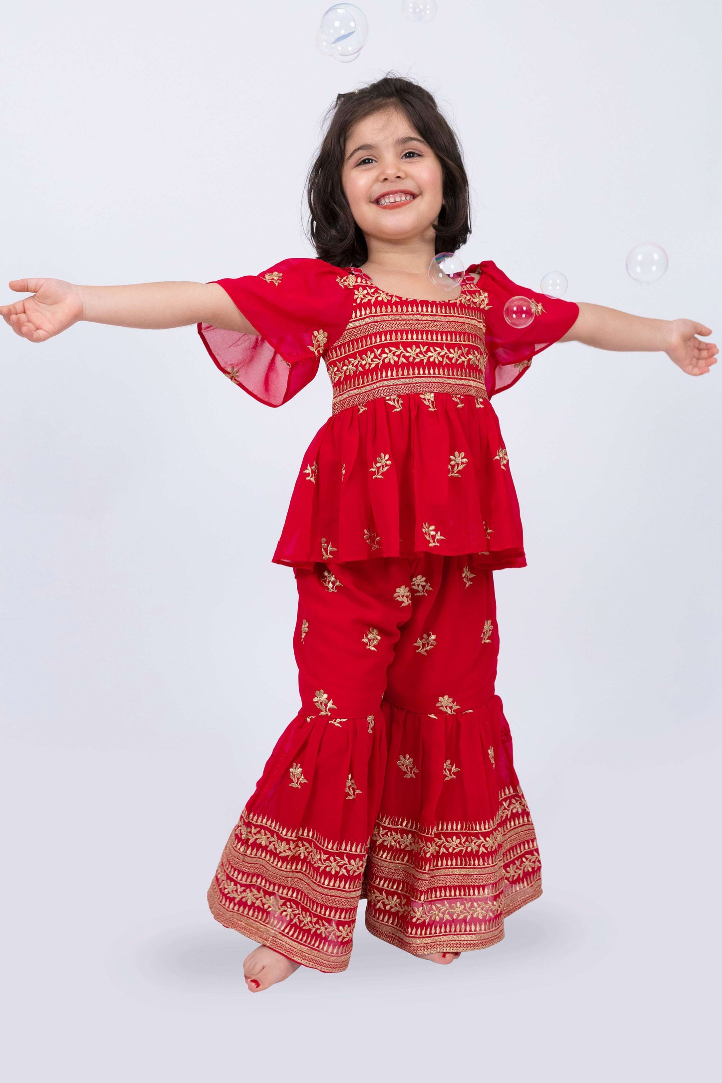 Elaisha Girls Embroidered Cold-Shoulder Peplum Top & Sharara Pants Co-ord Set - Red