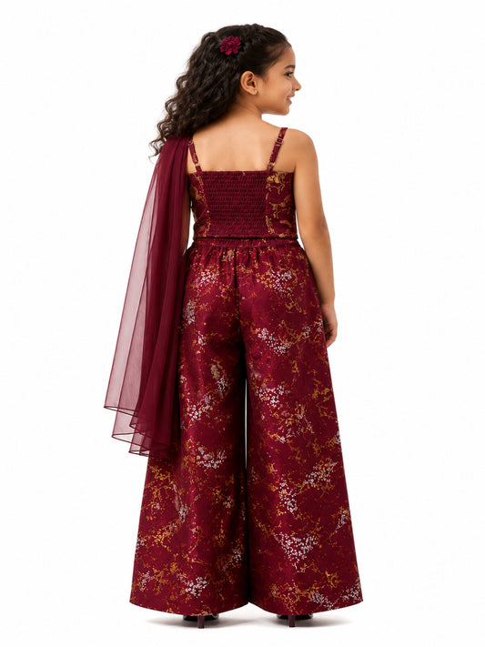 Elaisha Girls Woven Sleeveless All Over Unicorn Print Top With Drapped Dupatta & Unicorn Print Palazzo Set - Maroon