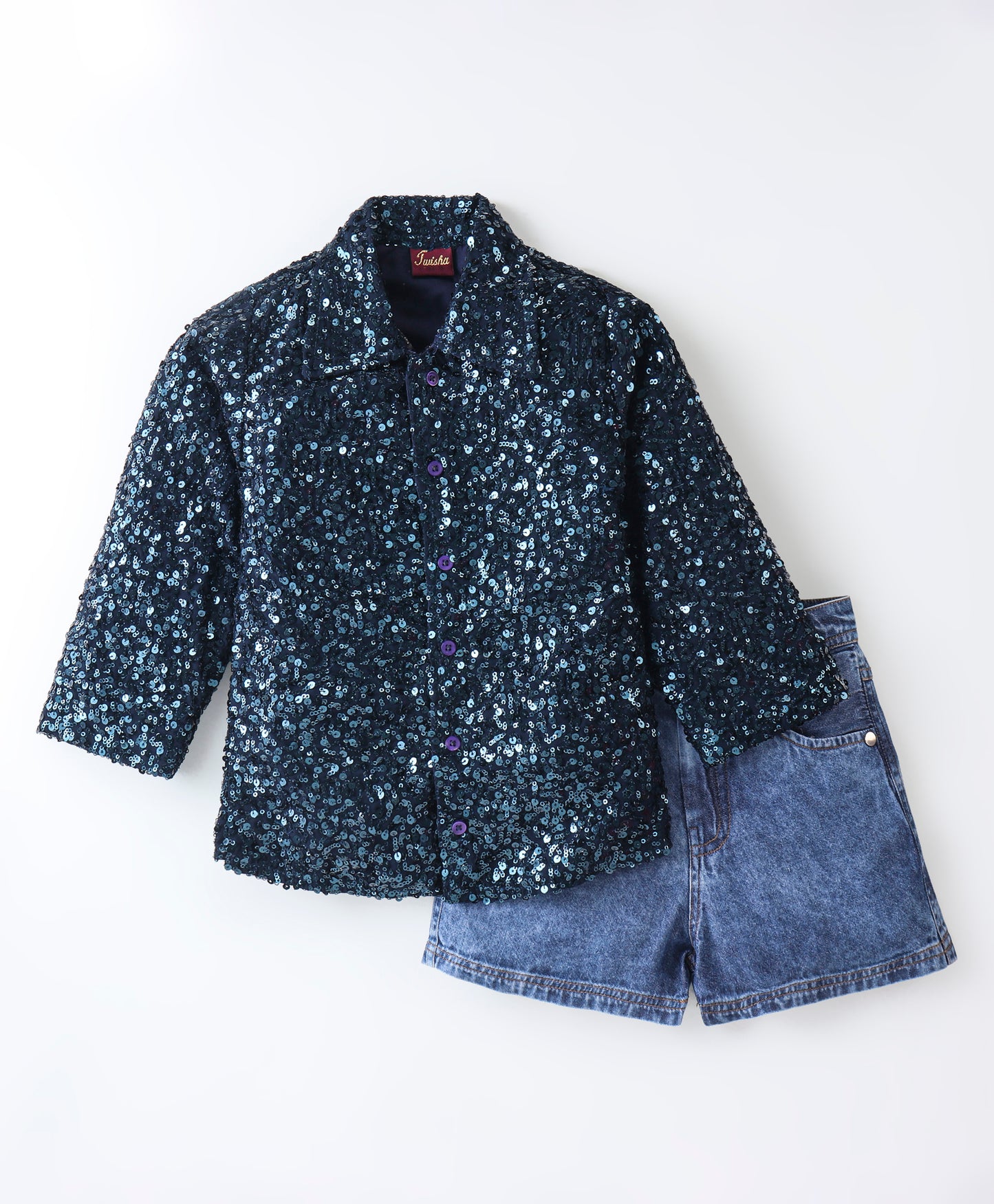 Elaisha Boys Navy Blue Sequin Long Sleeve Shirt & Shorts Set