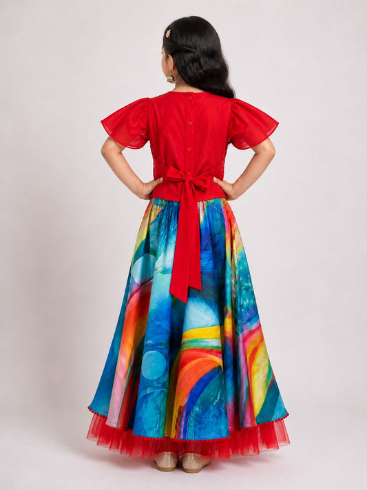 Elaisha Girls woven Butterfly sleeves Embroidered Top & Printed Lehenga-Red and Blue
