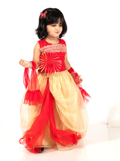 Elaisha Girls Sequin Embroidered Crop Top & Layered Organza Skirt with Net Dupatta Set - Red & Gold