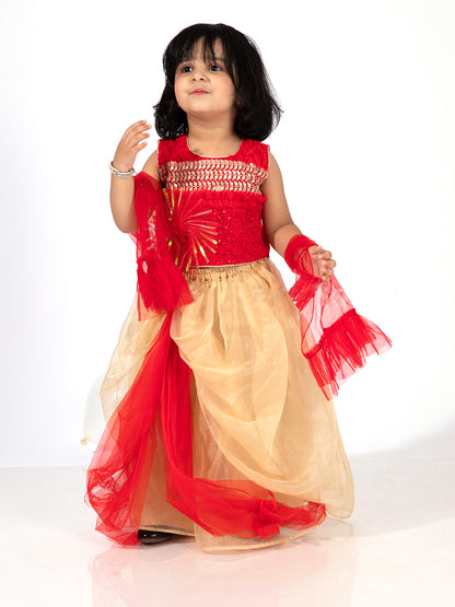 Elaisha Girls Sequin Embroidered Crop Top & Layered Organza Skirt with Net Dupatta Set - Red & Gold