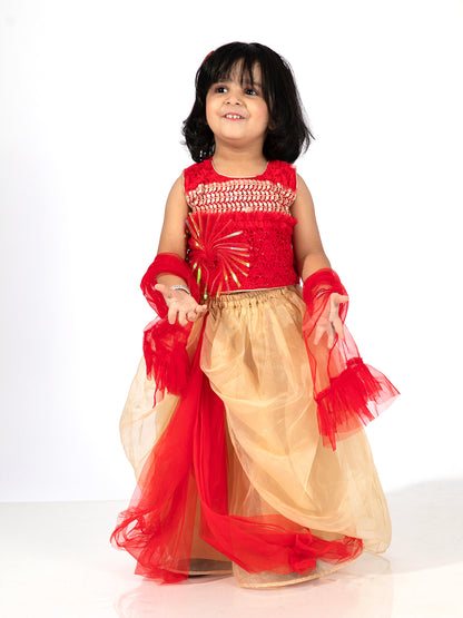 Elaisha Girls Sequin Embroidered Crop Top & Layered Organza Skirt with Net Dupatta Set - Red & Gold