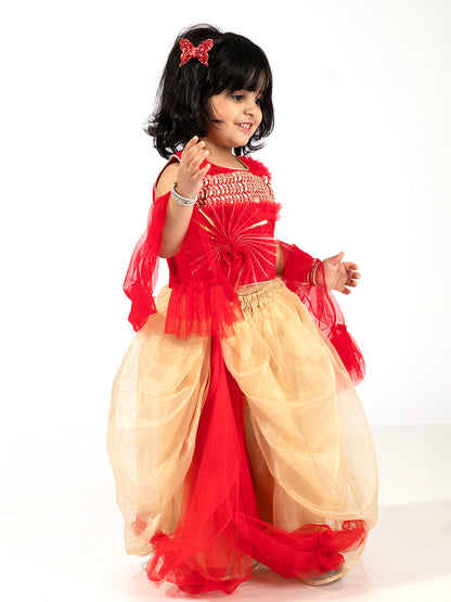 Elaisha Girls Sequin Embroidered Crop Top & Layered Organza Skirt with Net Dupatta Set - Red & Gold