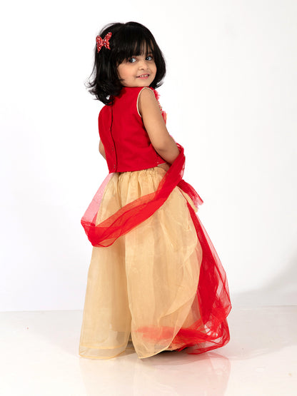 Elaisha Girls Sequin Embroidered Crop Top & Layered Organza Skirt with Net Dupatta Set - Red & Gold