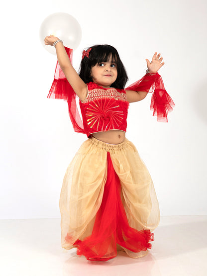 Elaisha Girls Sequin Embroidered Crop Top & Layered Organza Skirt with Net Dupatta Set - Red & Gold