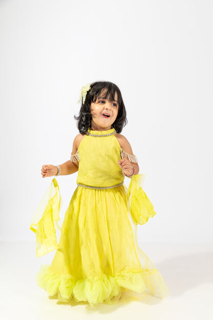 Elaisha Girls Crop Top  & Ruffled Layered Skirt with Net Dupatta Set - Lemon Yellow
