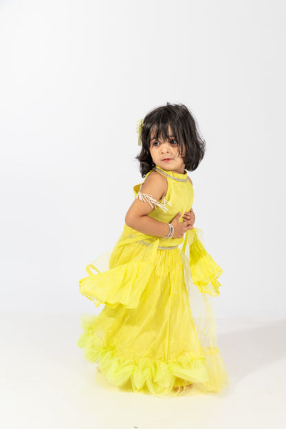 Elaisha Girls Crop Top  & Ruffled Layered Skirt with Net Dupatta Set - Lemon Yellow