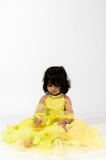 Elaisha Girls Crop Top  & Ruffled Layered Skirt with Net Dupatta Set - Lemon Yellow