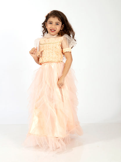 Elaisha Girls Ruffle Detailed Crop Top & Layered Skirt with Net Dupatta Set - Peach