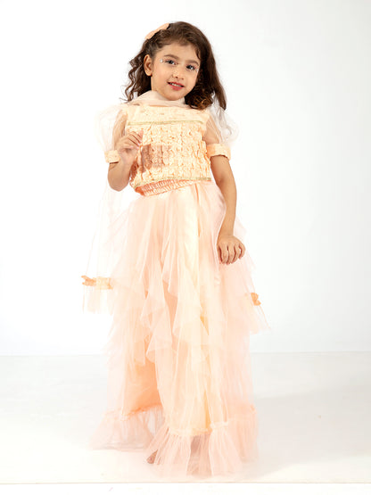 Elaisha Girls Ruffle Detailed Crop Top & Layered Skirt with Net Dupatta Set - Peach