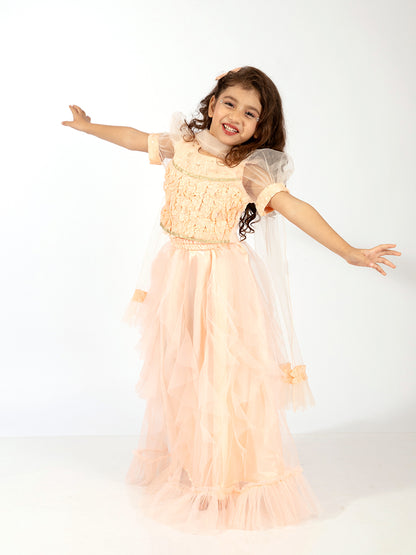 Elaisha Girls Ruffle Detailed Crop Top & Layered Skirt with Net Dupatta Set - Peach