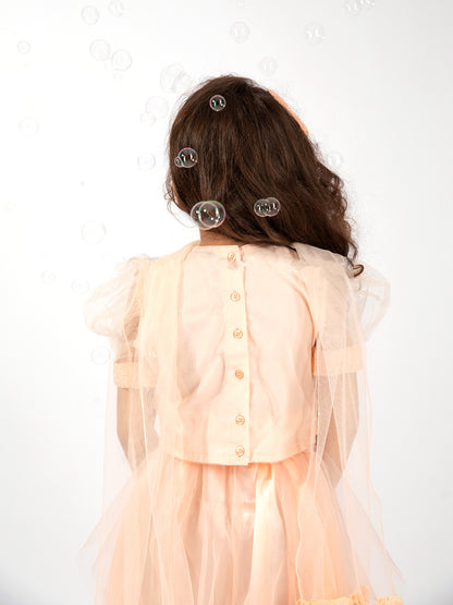 Elaisha Girls Ruffle Detailed Crop Top & Layered Skirt with Net Dupatta Set - Peach