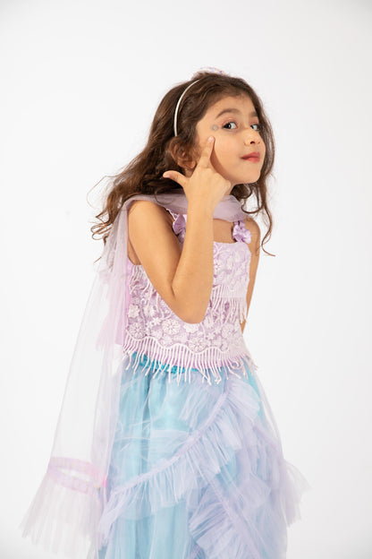 Elaisha Girls  Printed Crop Top & Ruffled Layered Skirt with Net Dupatta Set - mauve & Pastle Green