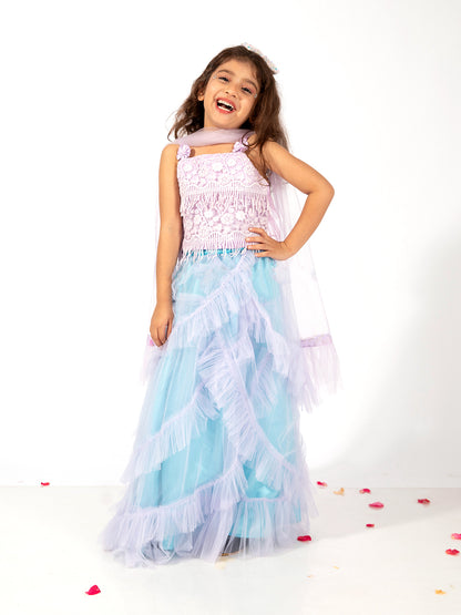 Elaisha Girls  Printed Crop Top & Ruffled Layered Skirt with Net Dupatta Set - mauve & Pastle Green