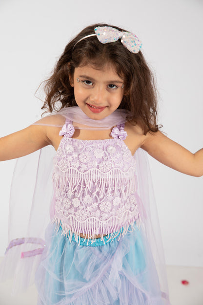 Elaisha Girls  Printed Crop Top & Ruffled Layered Skirt with Net Dupatta Set - mauve & Pastle Green