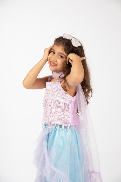 Elaisha Girls  Printed Crop Top & Ruffled Layered Skirt with Net Dupatta Set - mauve & Pastle Green