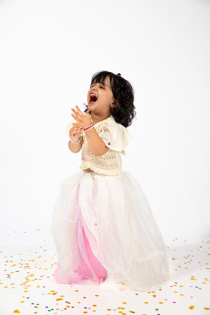 Elaisha Girls Sequin Embroidered Crop Top with Front Cut-Out Design & Voluminous Organza Skirt Set - Off White & Pink