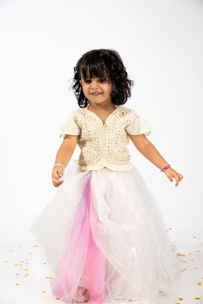 Elaisha Girls Sequin Embroidered Crop Top with Front Cut-Out Design & Voluminous Organza Skirt Set - Off White & Pink
