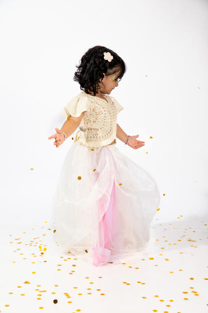 Elaisha Girls Sequin Embroidered Crop Top with Front Cut-Out Design & Voluminous Organza Skirt Set - Off White & Pink