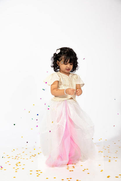 Elaisha Girls Sequin Embroidered Crop Top with Front Cut-Out Design & Voluminous Organza Skirt Set - Off White & Pink