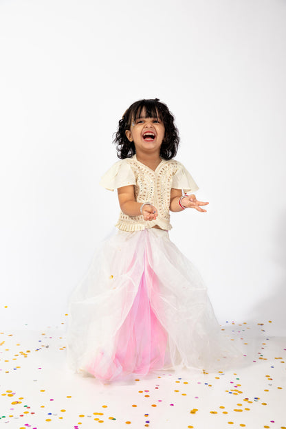 Elaisha Girls Sequin Embroidered Crop Top with Front Cut-Out Design & Voluminous Organza Skirt Set - Off White & Pink