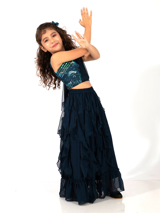 Elaisha Girls One-Shoulder Unicorn Printed Top with Draped Dupatta and Ruffled Skirt Set - Navy Blue