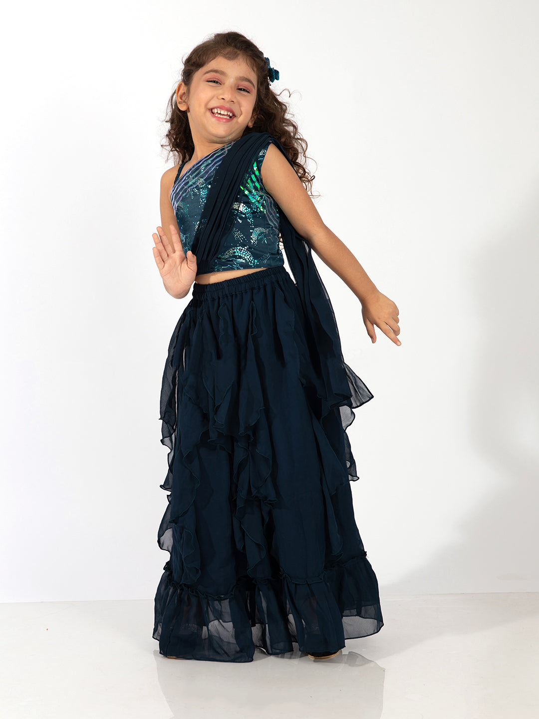 Elaisha Girls One-Shoulder Unicorn Printed Top with Draped Dupatta and Ruffled  Skirt Set - Navy Blue