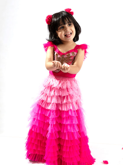 Elaisha Girls Crop Top with Butterfly Motif & Gradient Tiered Net Skirt Set - Pink & Baby Pink