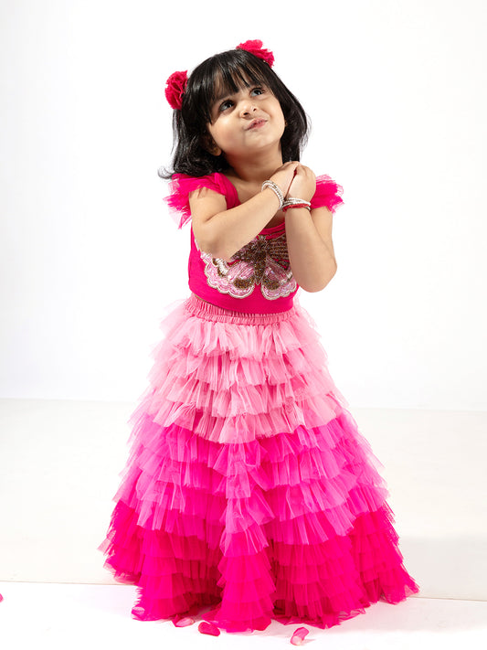 Elaisha Girls Crop Top with Butterfly Motif & Gradient Tiered Net Skirt Set - Pink & Baby Pink