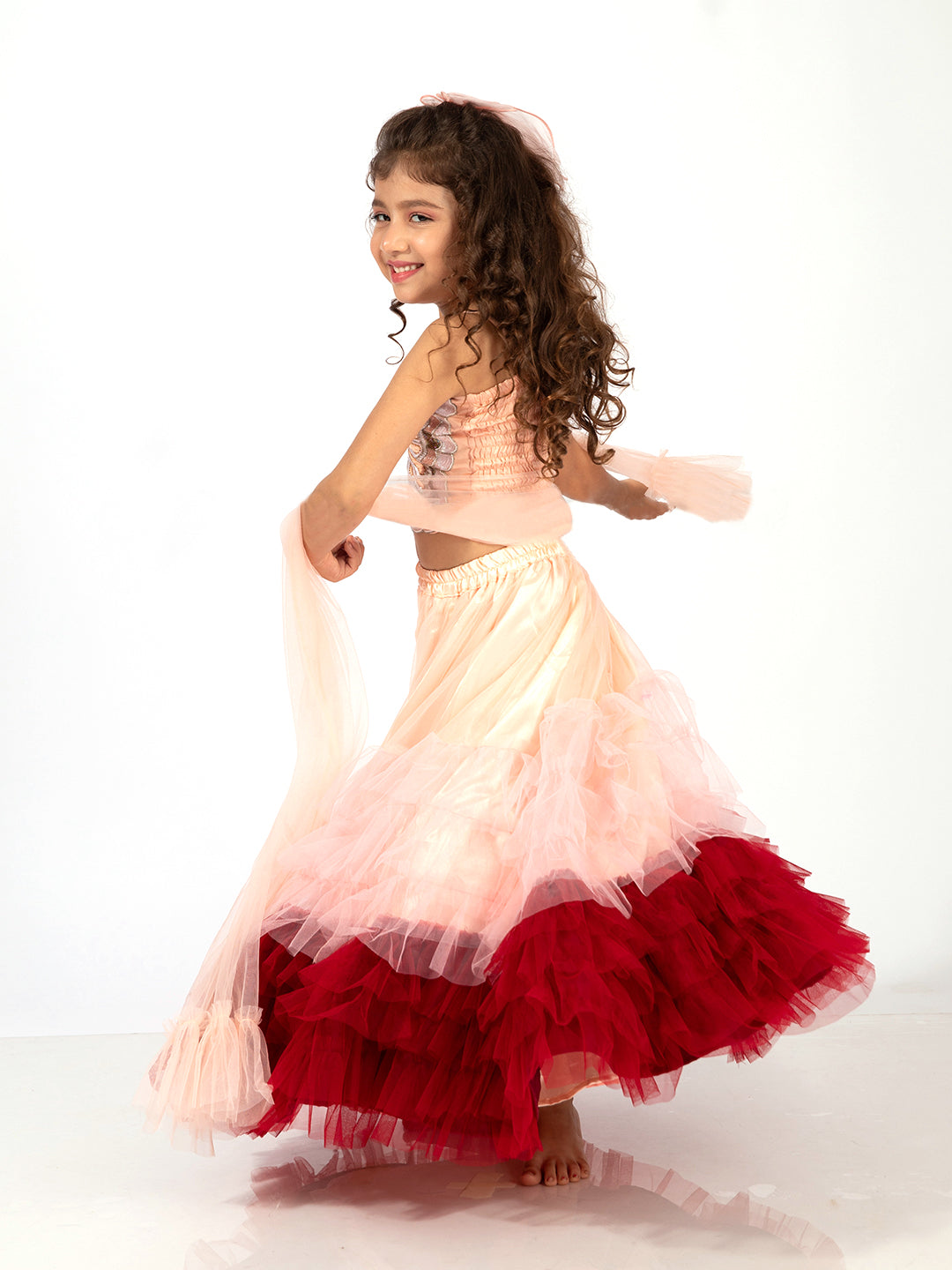 Elaisha Girls Spaghetti Top with Embroidered Butterfly Motif & Gradient Layered Net Skirt Set - Peach & Maroon