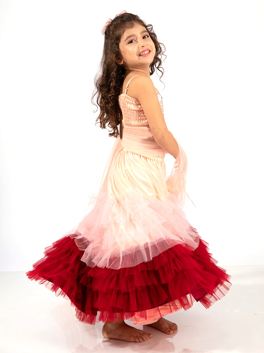 Elaisha Girls Spaghetti Top with Embroidered Butterfly Motif & Gradient Layered Net Skirt Set - Peach & Maroon