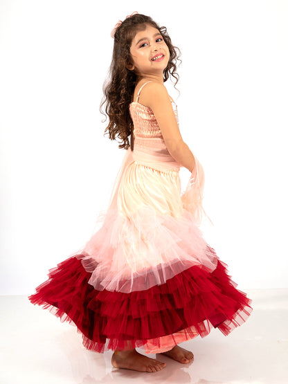 Elaisha Girls Spaghetti Top with Embroidered Butterfly Motif & Gradient Layered Net Skirt Set - Peach & Maroon