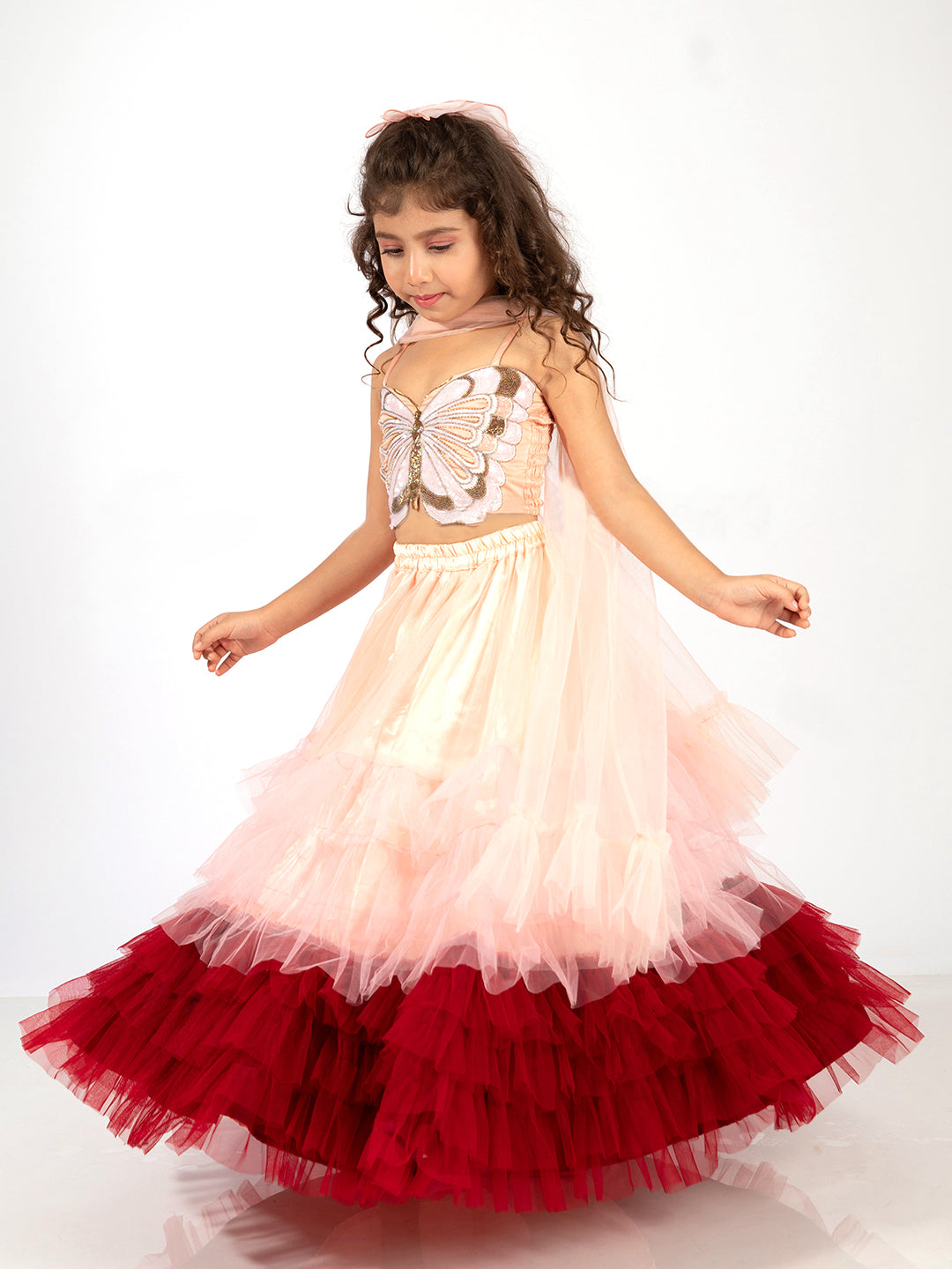 Elaisha Girls Spaghetti Top with Embroidered Butterfly Motif & Gradient Layered Net Skirt Set - Peach & Maroon