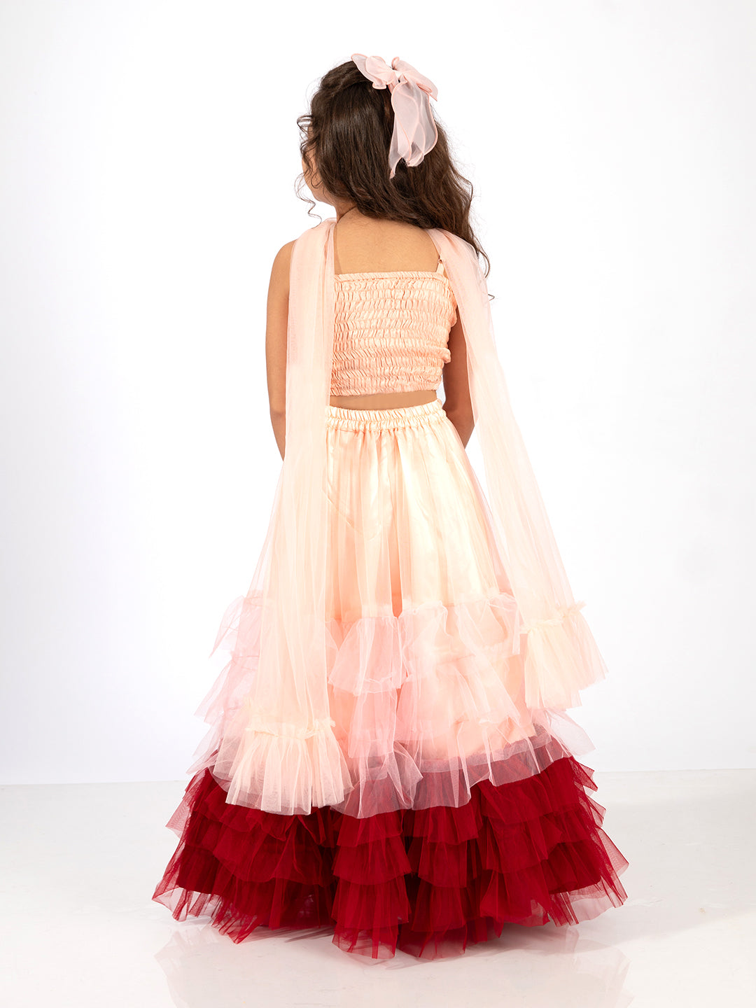 Elaisha Girls Spaghetti Top with Embroidered Butterfly Motif & Gradient Layered Net Skirt Set - Peach & Maroon