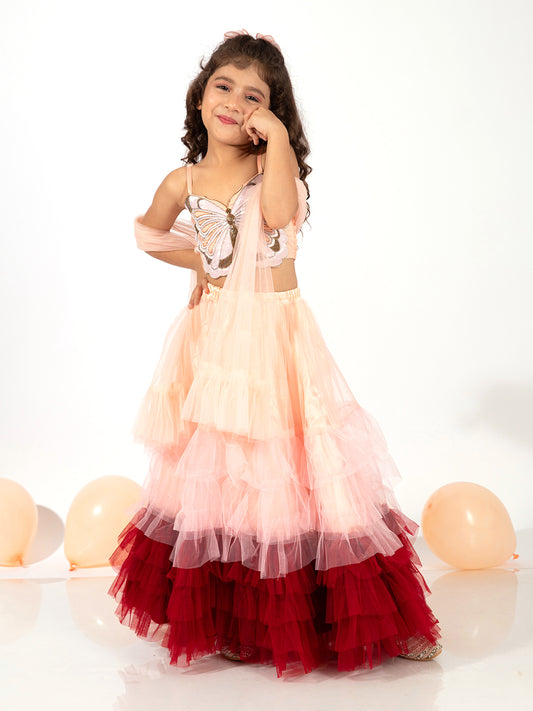 Elaisha Girls Spaghetti Top with Embroidered Butterfly Motif & Gradient Layered Net Skirt Set - Peach & Maroon