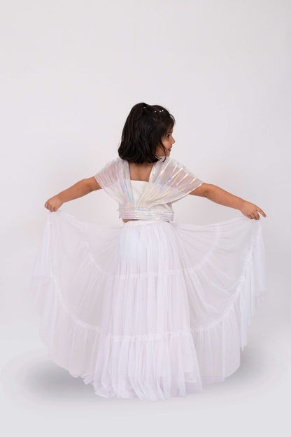 Elaisha Girls Designer Crop Top with drape dupatta &amp; Layered Net Skirt Set - Off White