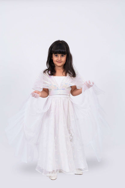 Elaisha Girls Designer Crop Top with drape dupatta &amp; Layered Net Skirt Set - Off White
